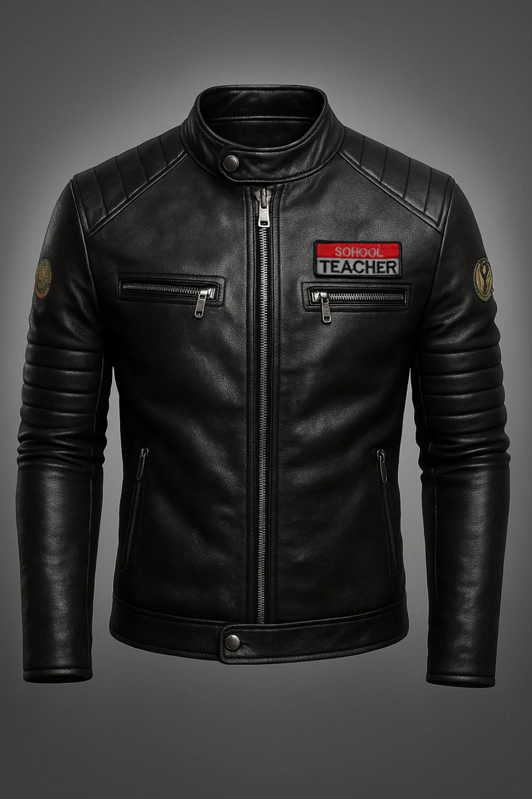 Black leather jacket with 'School Teacher' patch on a gray background