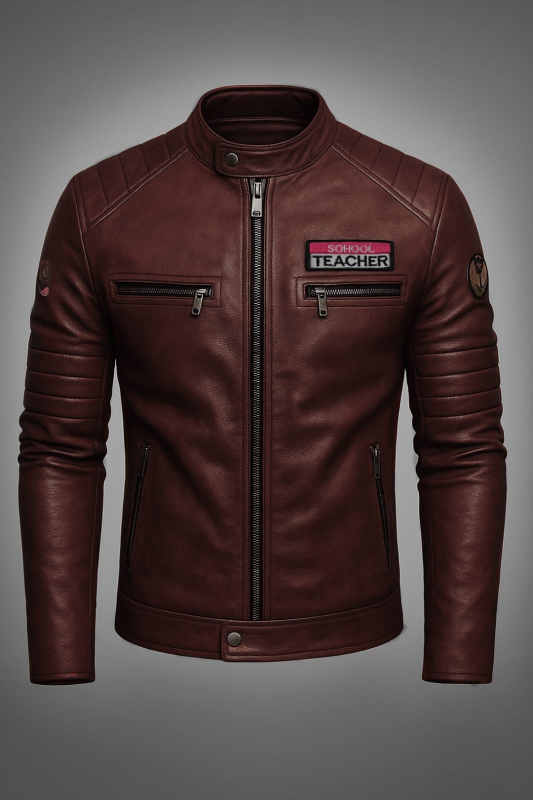 Brown leather jacket with a patch on a gray background