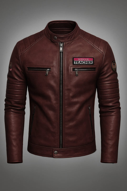 Brown leather jacket with a patch on a gray background