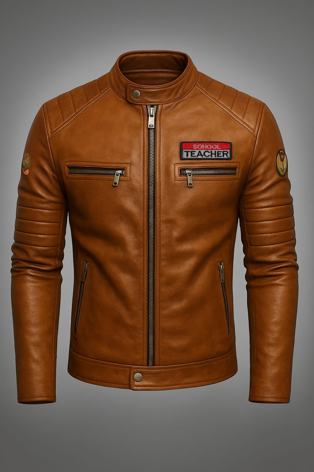 Brown leather jacket with a patch on a gray background