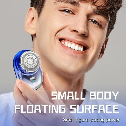 Person holding a blue and silver electric shaver with text 'Small Body Floating Surface' on a gray background