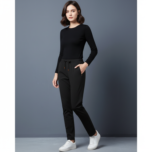 Woman wearing a black outfit with white sneakers on a gray background