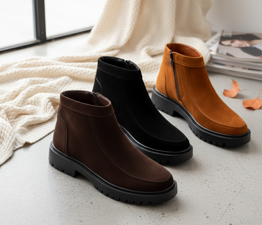 Three pairs of boots in brown, black, and orange on a light surface.