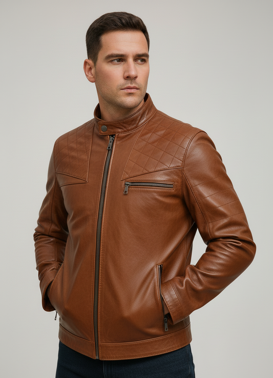 Man wearing a brown leather jacket on a plain background