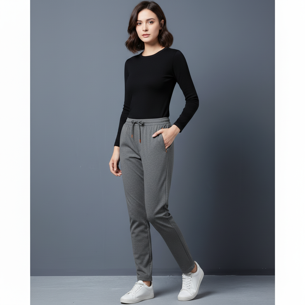 Woman wearing a black long-sleeve top and gray pants against a gray background